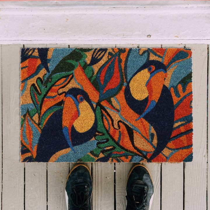 Sheltered Coconut Door Mat Printed Toucans 24x16 Multicolor for wholesale by Evideco French Home Goods