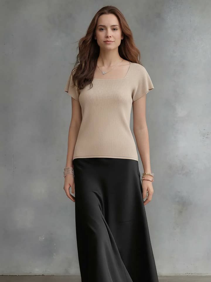 Pleating Short Sleeves Top- Soft Square - Almond for wholesale by Ellyndale