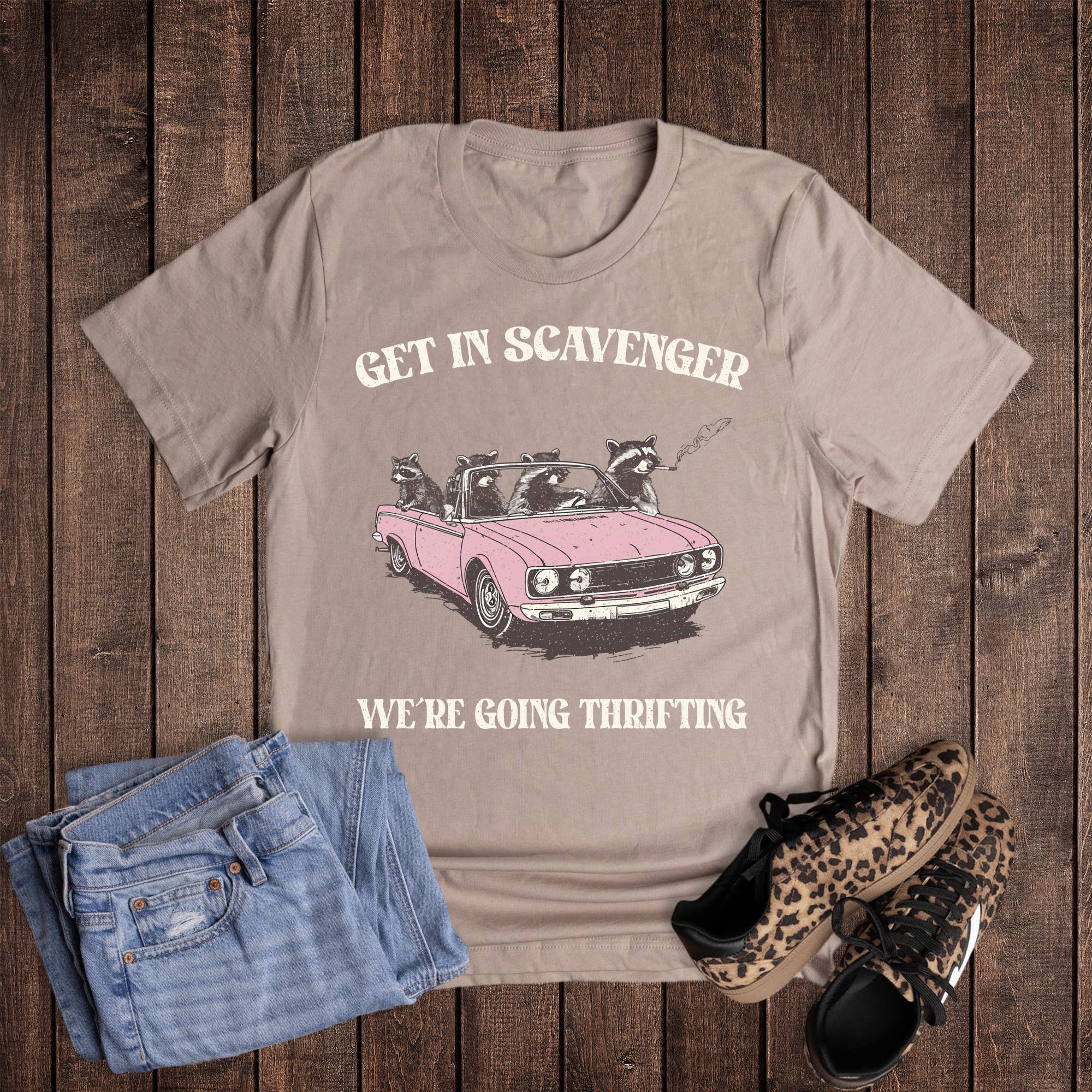 Pink Gravel Get In Scavenger Thrifting Graphic Tee for wholesale on Faire0