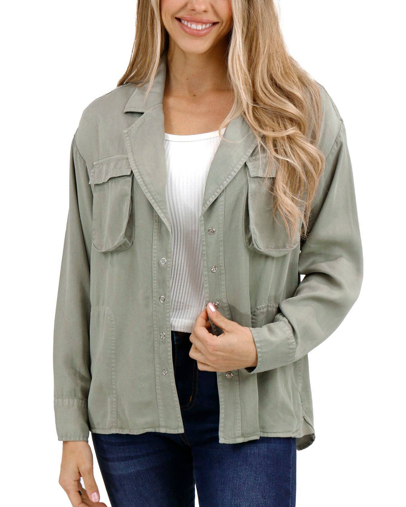 Tencel™ Lyocell Utility Shirt Jacket in Sage for wholesale on Faire6
