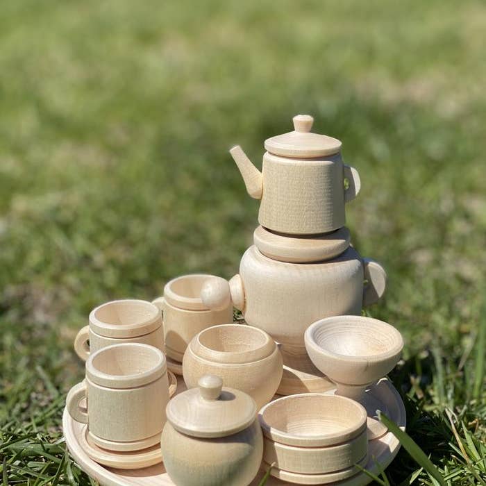 PoppyBabyCo - Wholesale Toy Feeding Set - Kids - Untreated Wood Miniature Tea Set