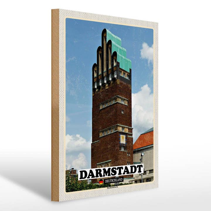 Cartello in legno con città di Darmstadt, torre nuziale, architettura, 30x40 cm per la vendita all'ingrosso da parte di Femer