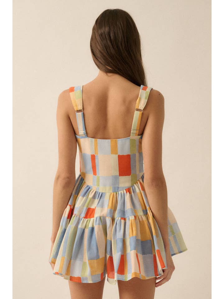 BLUE BUTTER Multicolor Check-Print Ruffled Romper Dress for wholesale on Faire