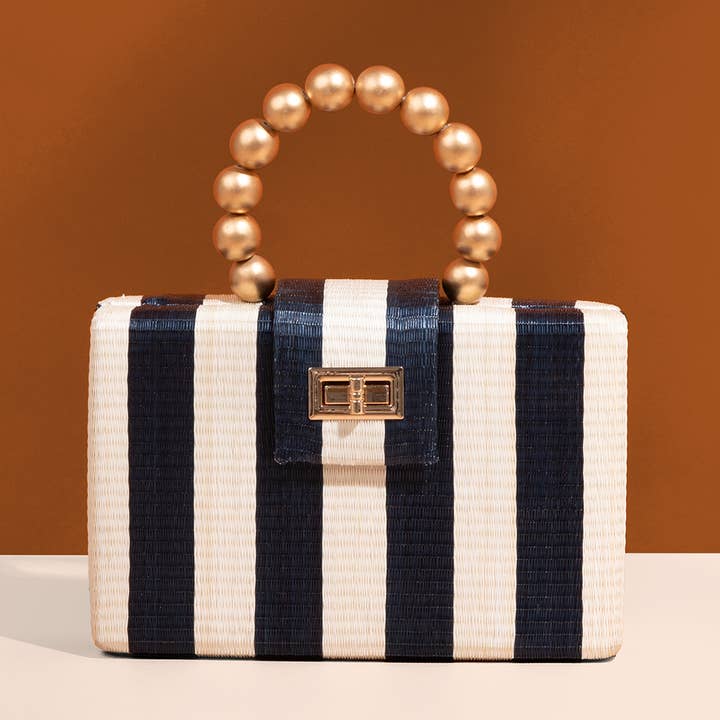Navy Stripe Clutch Bag | Gold Bead Handle | Artisanal Luxury for wholesale by Soli & Sun