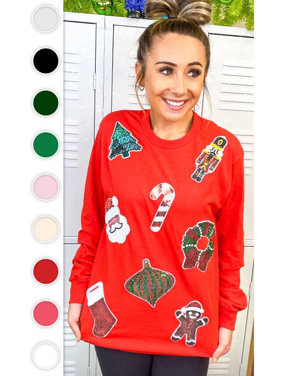 Sugar Stitch - Wholesale T-Shirt (Graphic) - Women's - Festive Christmas Sparkle Sequin Long Sleeve Graphic T-Shirt