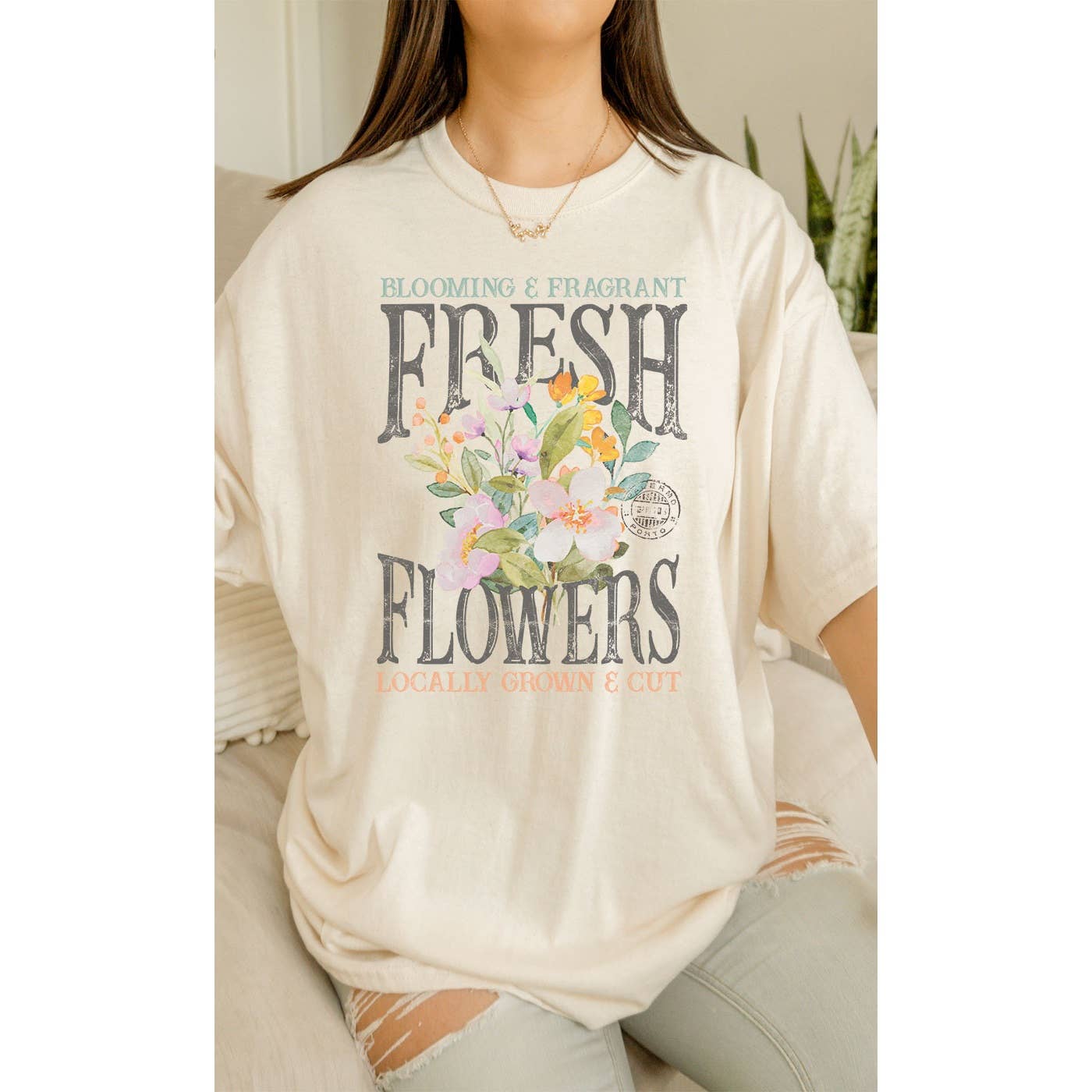 Kissed Apparel - Wholesale Screen Printed T-Shirt - Women's - Vintage Fresh Flowers Oversized Graphic Tee1