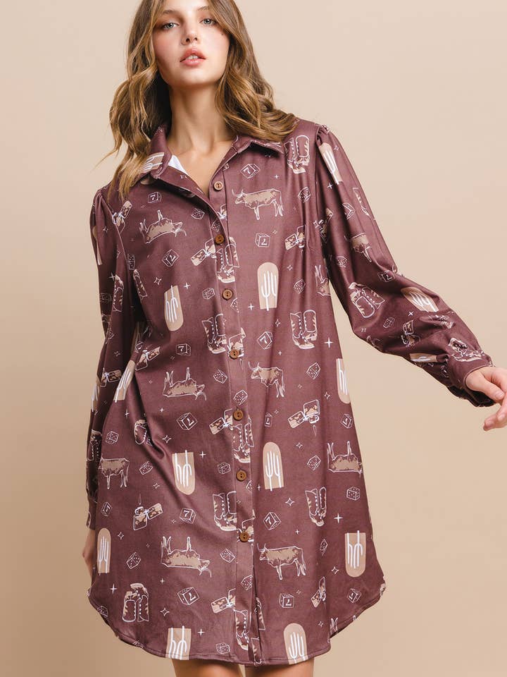 D1375-4663-Western Farm Print Button Down Shirt Dress for wholesale by Nylon Apparel