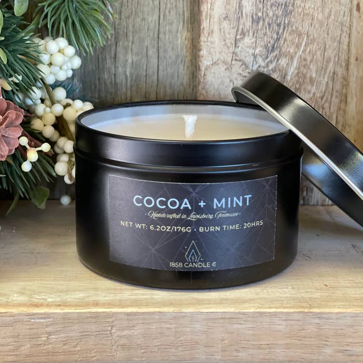 Cocoa + Mint 6oz Candle in Travel Tin for wholesale by 1858 Candle Co
