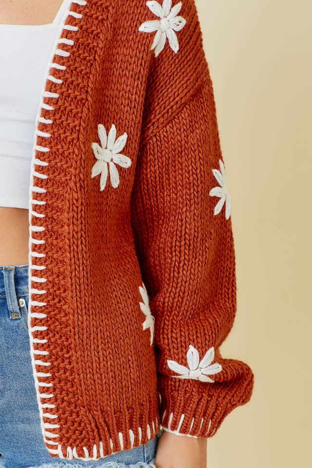 Main Strip - Wholesale Cardigan - Women's - Sweater Knit Cardigan With Flower and Embroidered