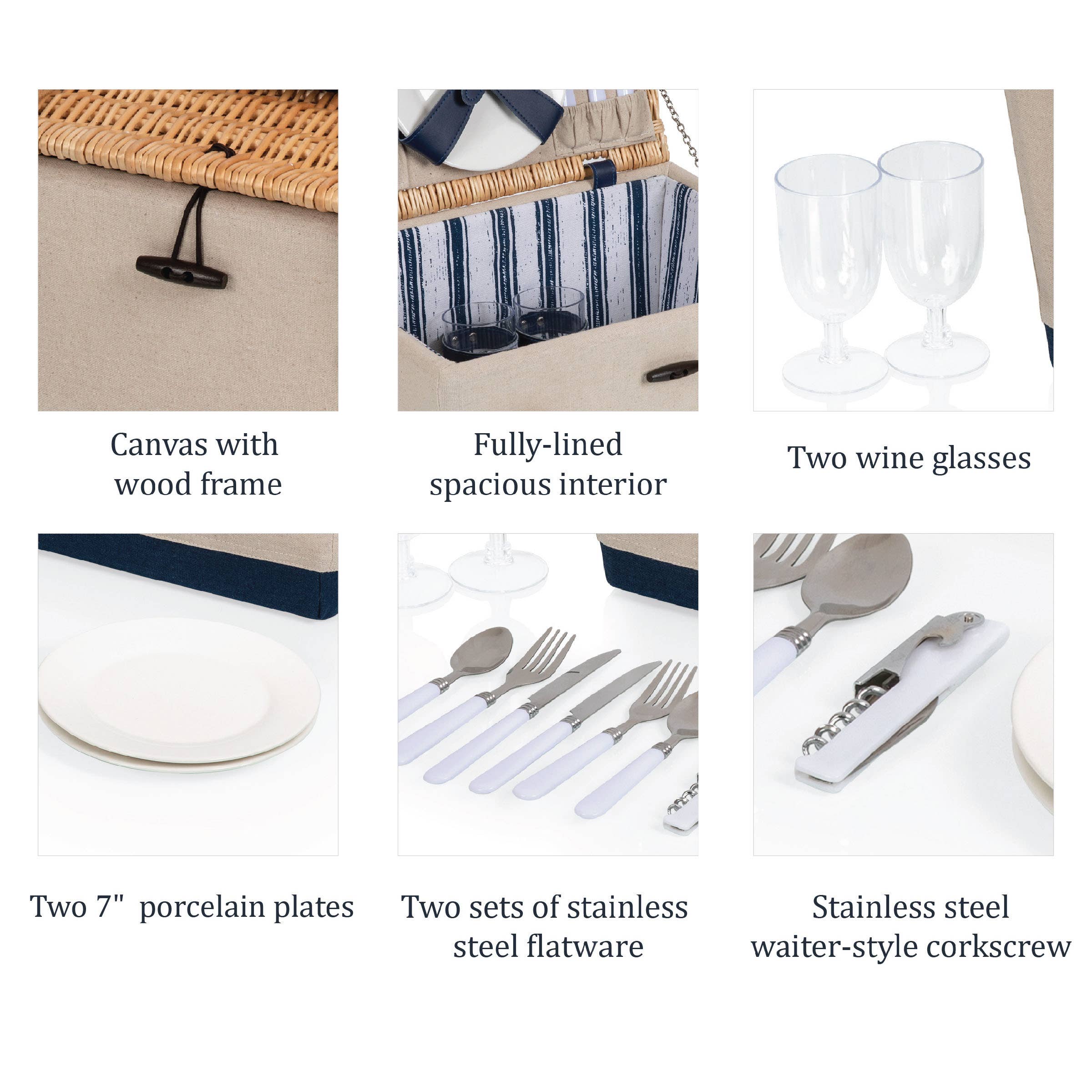 Beige Canvas with Navy Blue Accents Boardwalk Picnic Basket for 2 for wholesale on Faire9