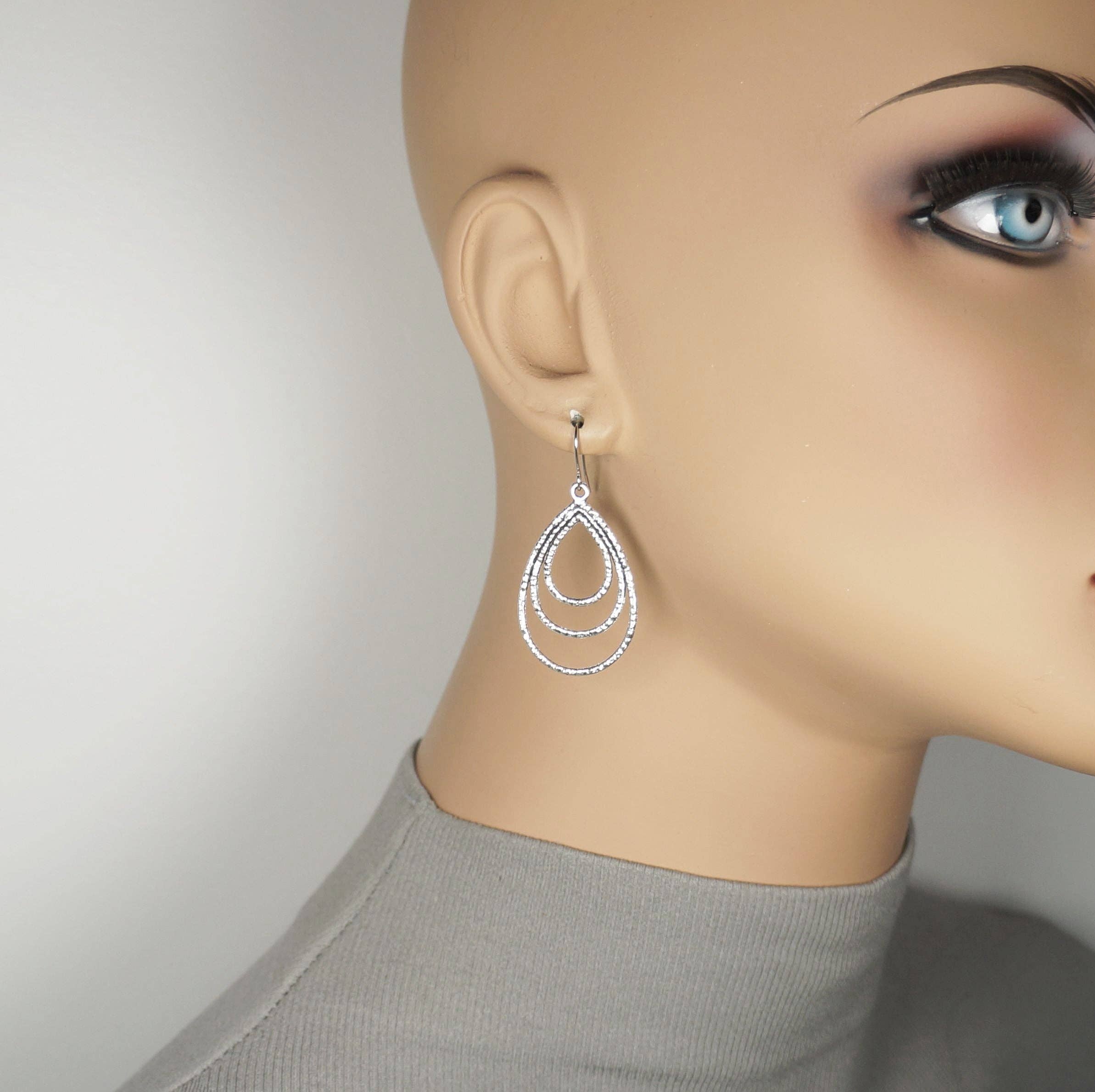 Jewelry by Dawn - Wholesale Dangle Earrings - Hammered Silver Triple Teardrop Minimalist Everyday Earrings, Platinum Ear Wires1