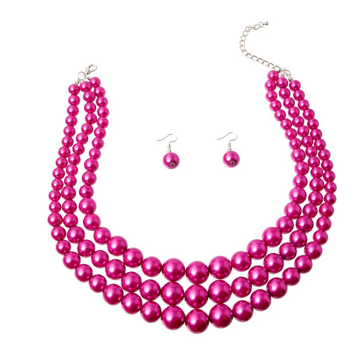 Fuschia Multi Strand Pearl Necklace Set for wholesale on Faire