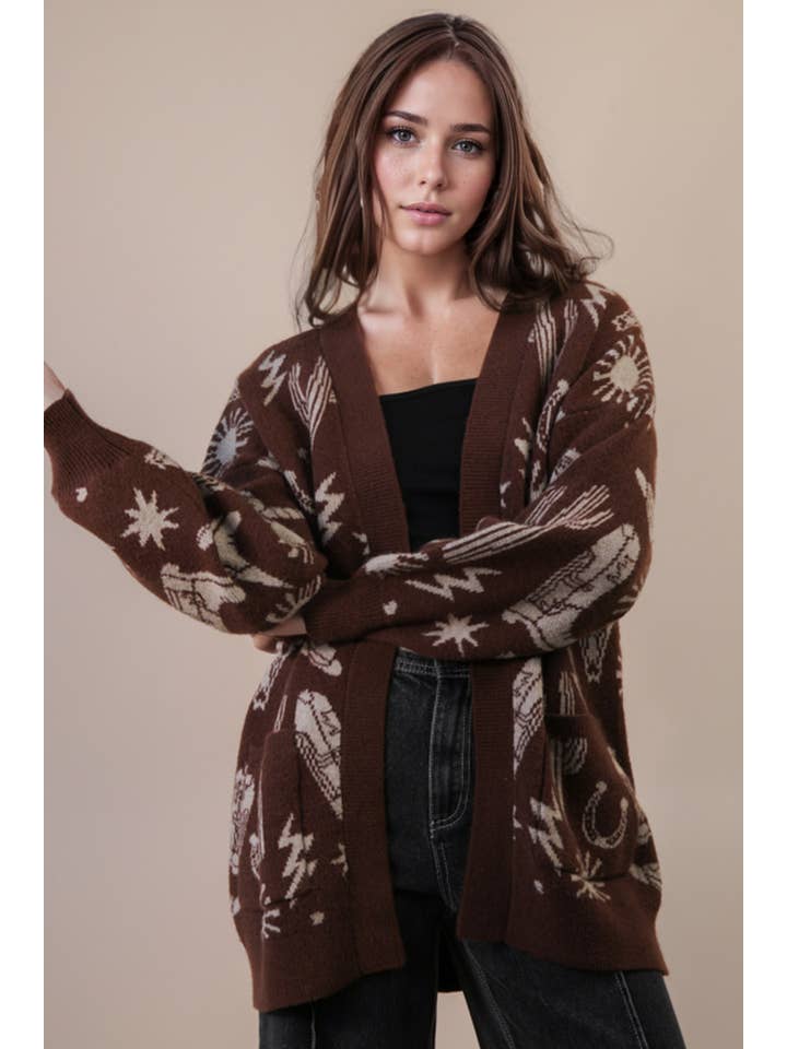 VERY J - Wholesale Cardigan - Women's - 12W3393N-Oversized Western Graphic Knit Sweater Cardigan1