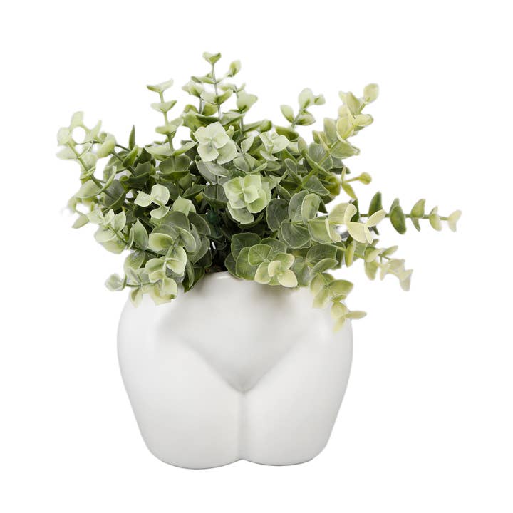 Booty Ceramic Planter with Faux Eucalyptus for wholesale by Flora Bunda Inc