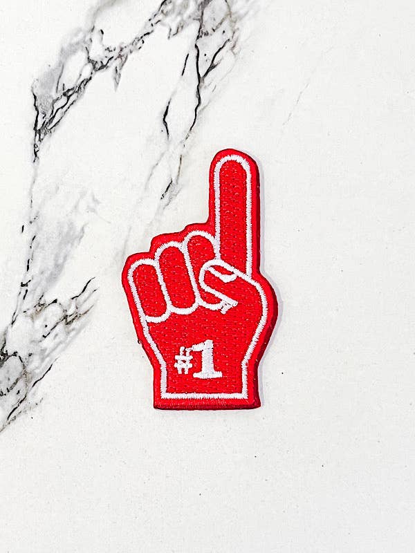 Red Foam Finger Embroidered Patch for wholesale by Nash Grey