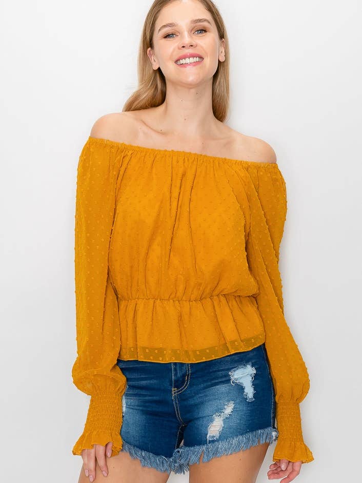 SZ2-TP20114 Swiss Dot Off Shoulder Peplum Blouse for wholesale by ePretty