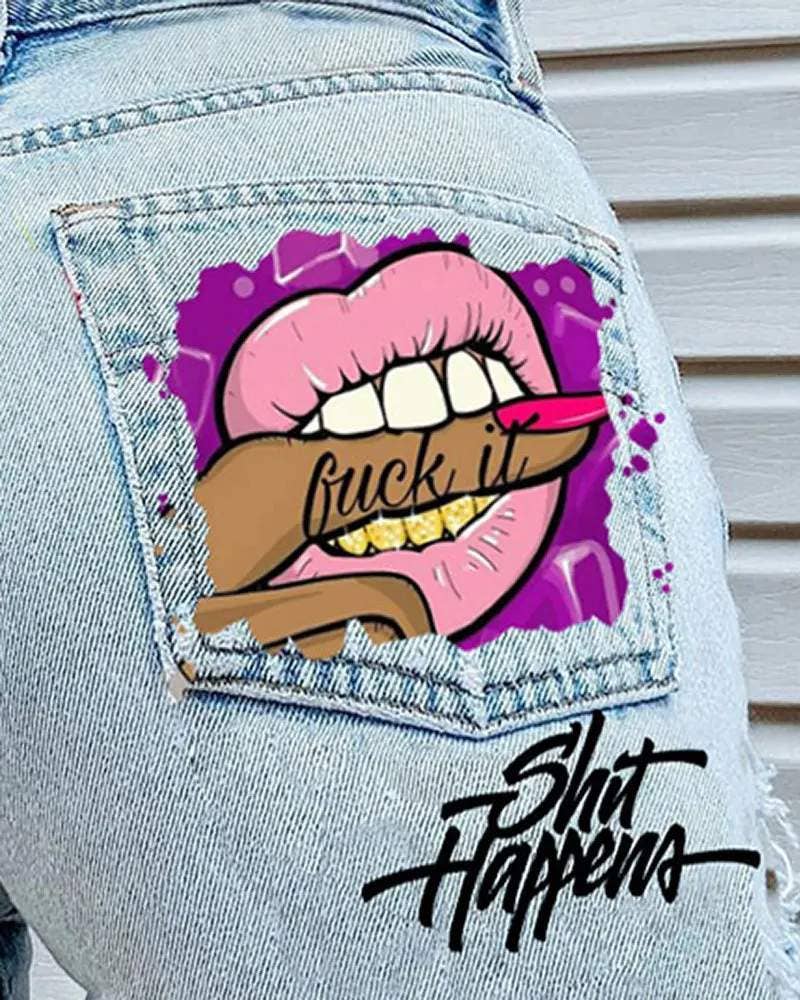 BLUE lip letter print ripped raw hem denim shorts for wholesale on Faire2