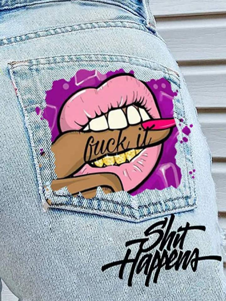 BLUE lip letter print ripped raw hem denim shorts for wholesale on Faire2