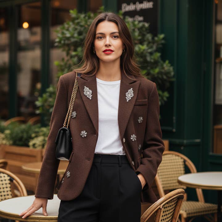 Blazer adornado con bordados de joyas – BCG01430-2 para venta al por mayor de Cecile Wang