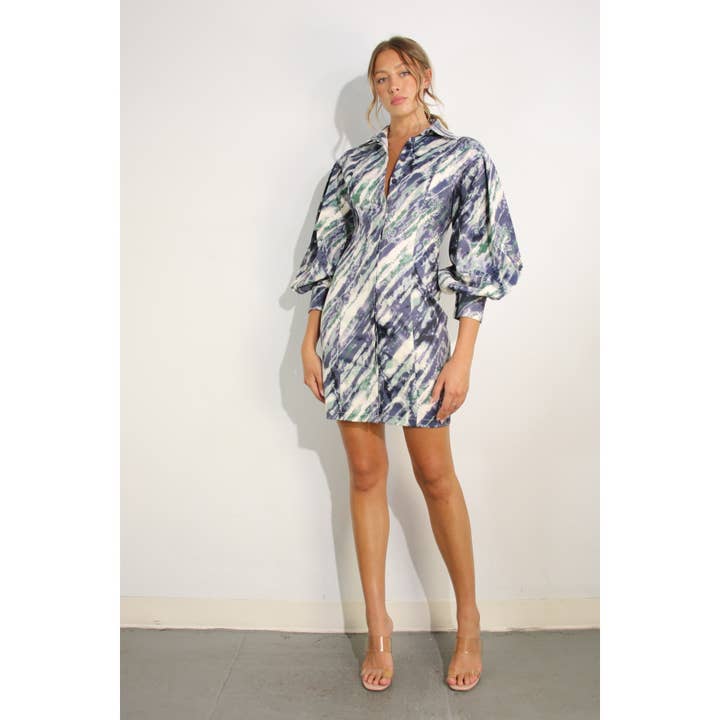 MARINEBLAU MULTI SCHWERES BAUMWOLL-MINIKLEID MIT BALLONÄRMELN für den Großhandel auf Faire10