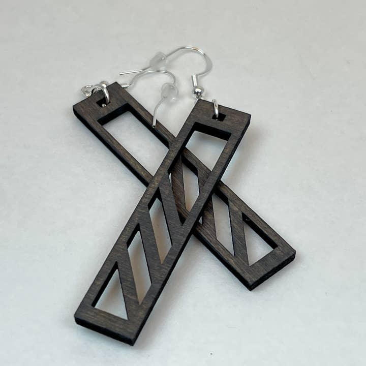 Large Iron Earth Long Cut Out Geometric Wood Earrings for wholesale by Art by Erica H & Rebel Stitchers