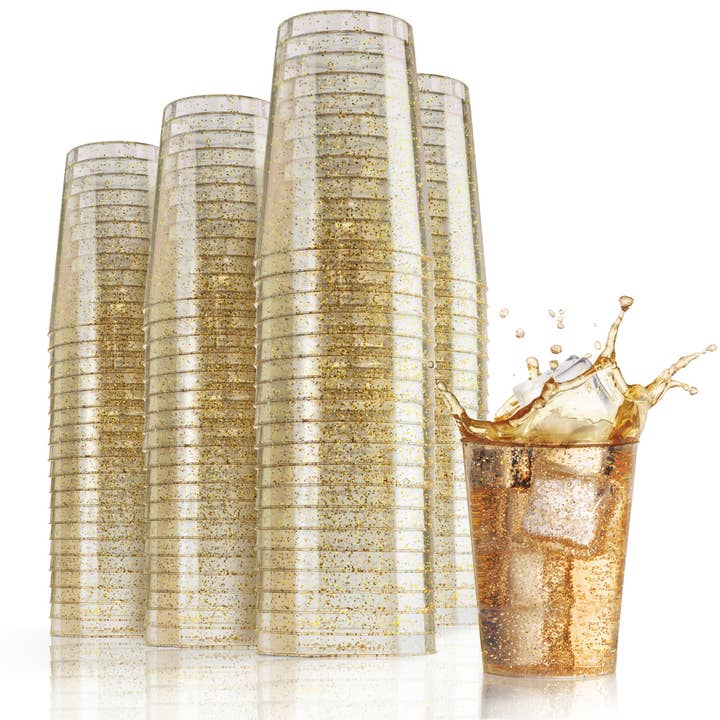 Crown Display - Wholesale Disposable Cup - Exquisite 10 oz. Gold Sparkle Plastic Tumblers - 20 ct.
