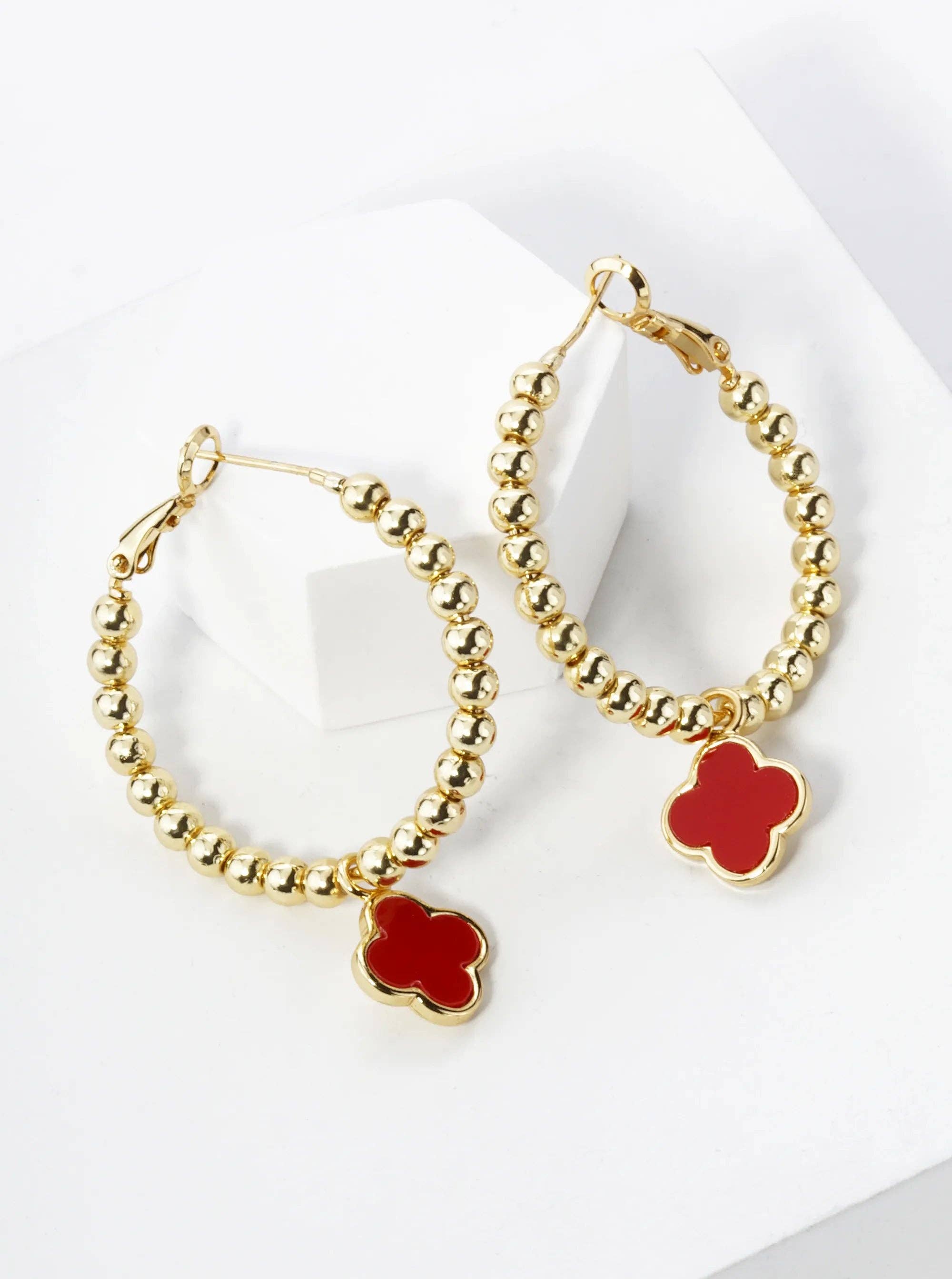 Wild Honey - Wholesale Hoop Earrings - 18K Gold Dipped Quatrefoil Drop Beaded Hoop Earrings3
