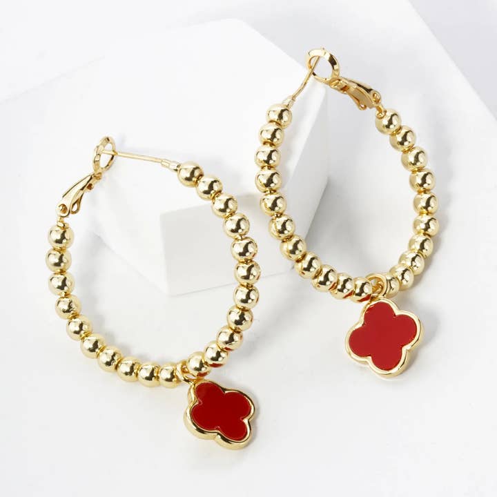 Wild Honey - Wholesale Hoop Earrings - 18K Gold Dipped Quatrefoil Drop Beaded Hoop Earrings3