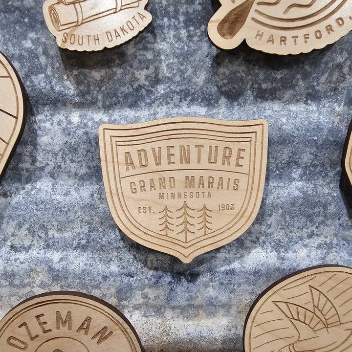 Custom State/Town Coordinates Adventure Wood Magnet for wholesale by Black Sheep Design & Gift