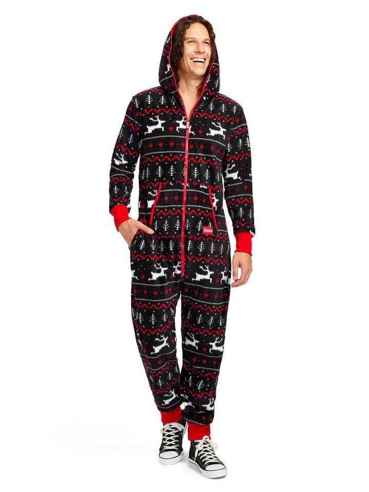 Tipsy Elves - Vente Combinaison – unisexe - Combinaison une-pièce pour homme noire et rouge à motif renne Fair Isle0