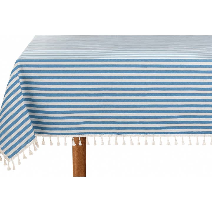 French Blue Simply Striped Tasseled Cotton Blend Tablecloth for wholesale by Fennco Styles