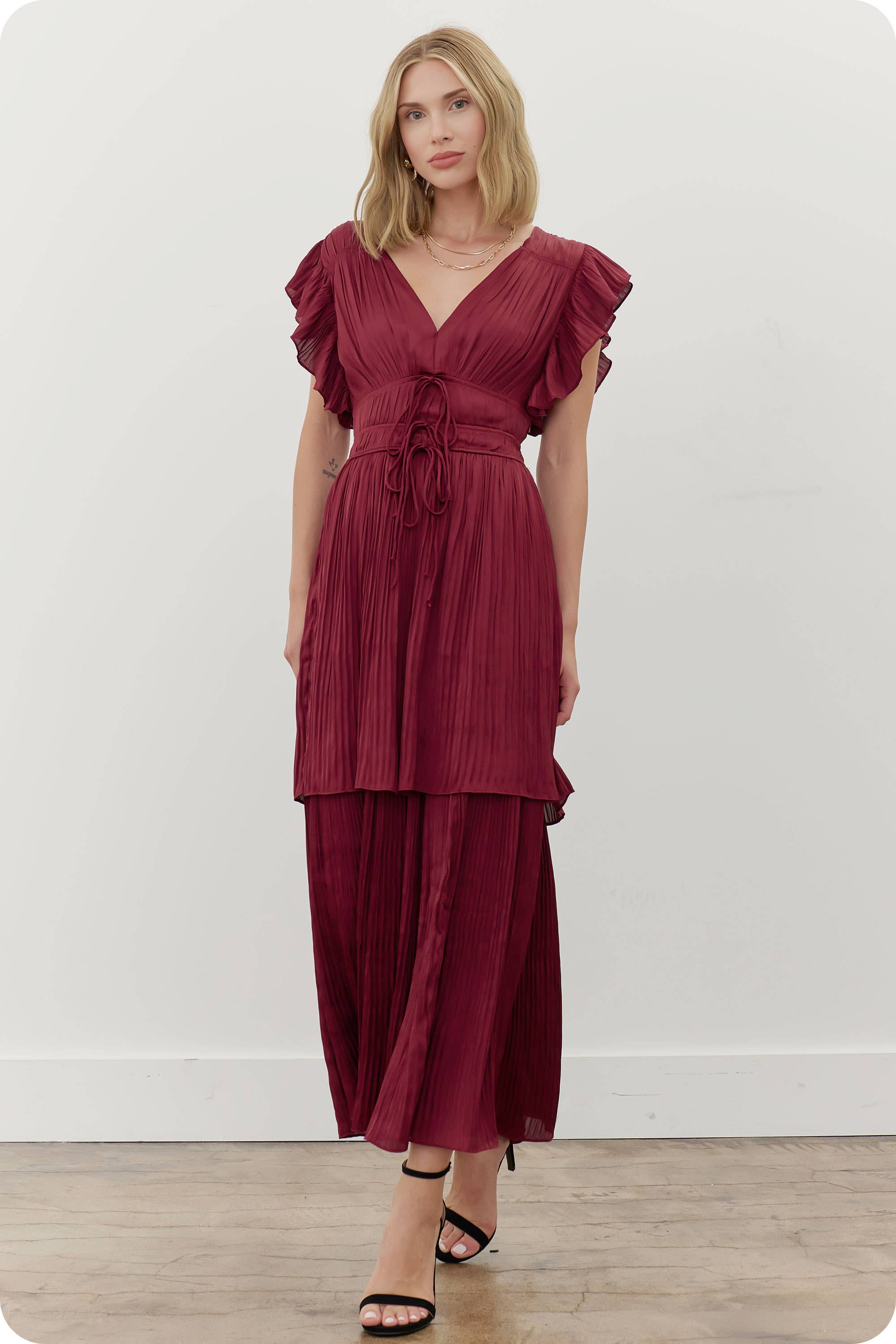 Strut & Bolt – wholesale Dress – Women's – Ruffled Pleated Satin Long Dress14