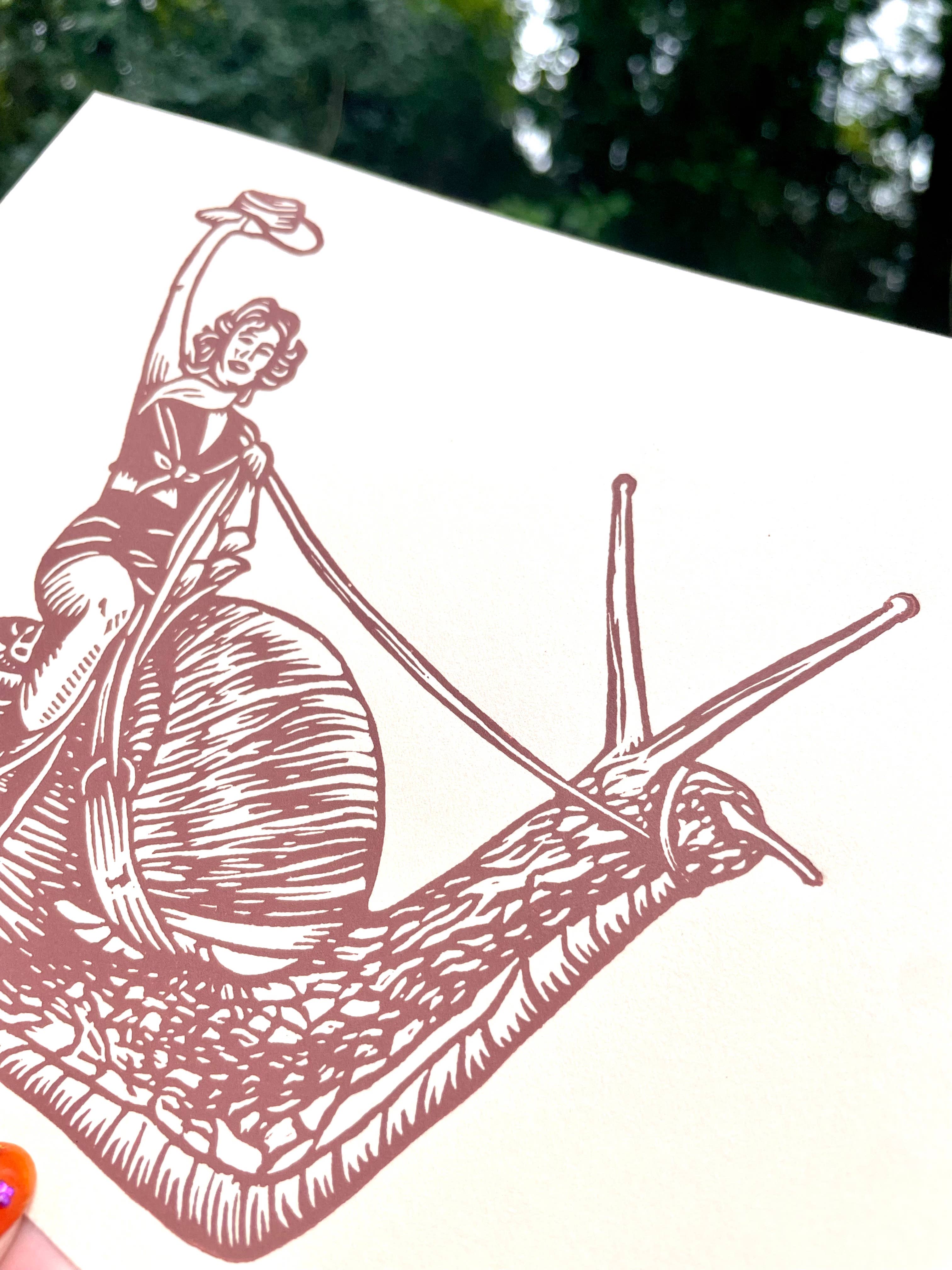 Augury Press – wholesale Art print – Cowgirl Snail Linocut Print1