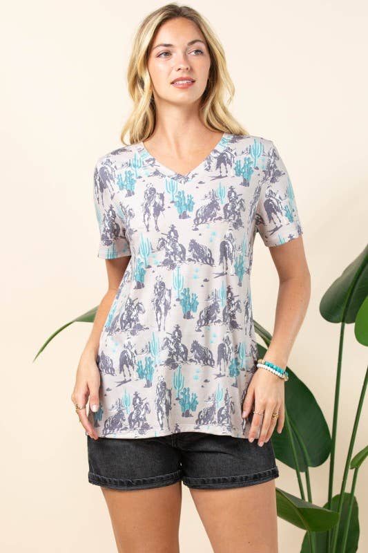Grey Teal AT1303-BARB WESTERN PRINT SHORT SLEEVE V-NECK TEE for wholesale on Faire2