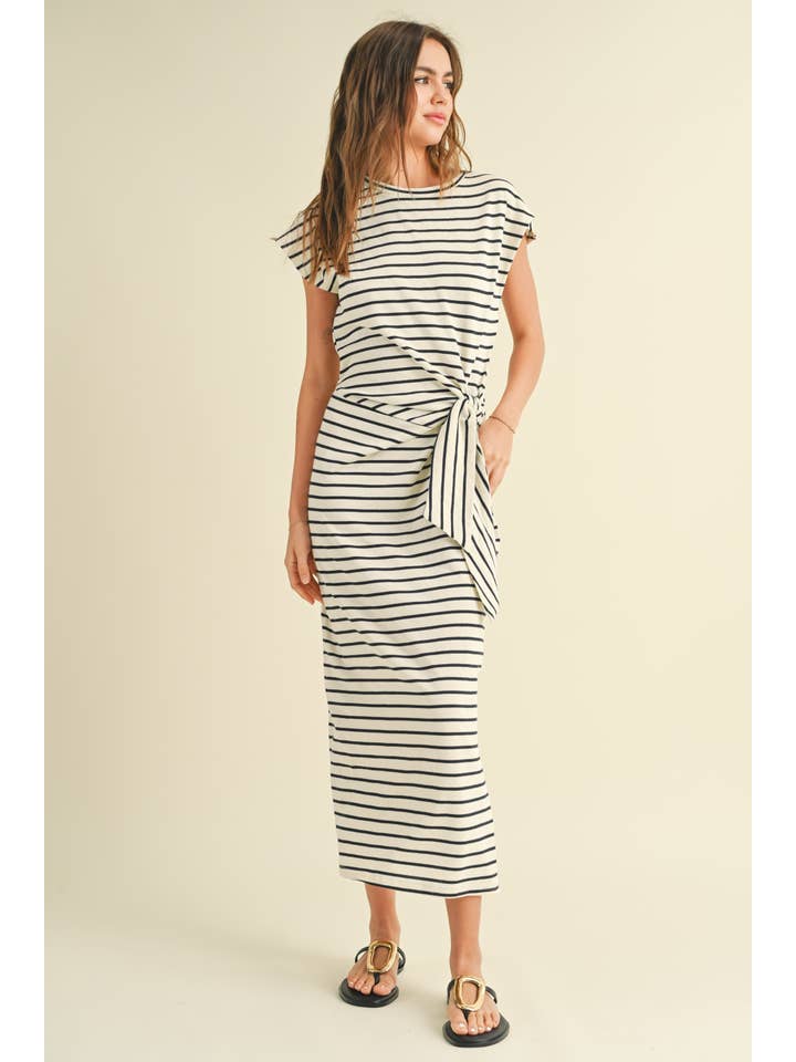 MIOU MUSE - Wholesale Dress - Women's - D3620 STRIPE PATTERN KNOT DETAIL DRESS
