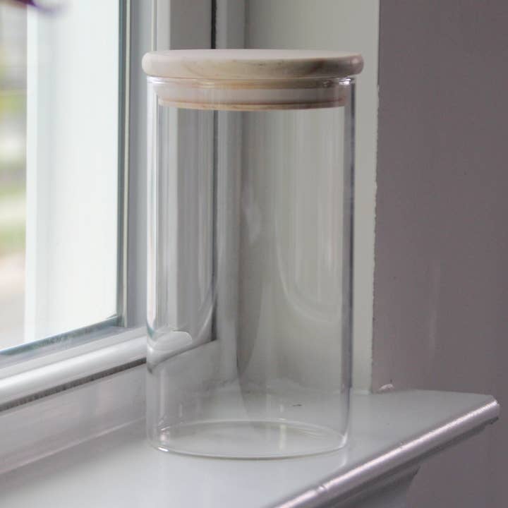 Clear High Quality Cylinder Décor Glass Vase 6 1/4", Wood Lid for wholesale by bloomify