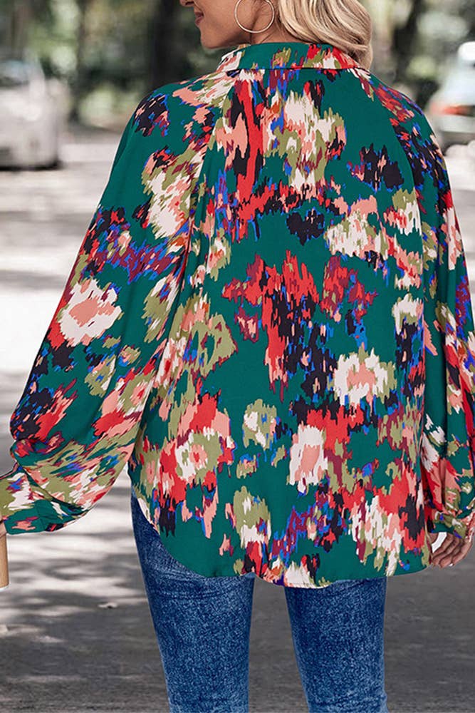 Dark Green Boho Style V Neck Abstrack Print Blouse Top CF-BFZY671 for wholesale on Faire3