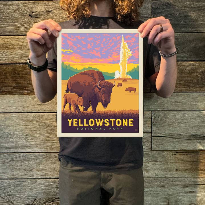 Impression artistique sur le parc national de Yellowstone : Faithful Bison (63 parcs nationaux) pour la vente par Anderson Design Group