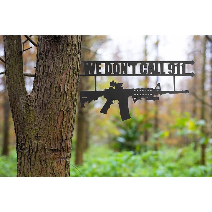 The Wine Savant / Khen Glassware - Wholesale Sign - Metal No Trespassing Sign "We Don't Call 911" Gun Metal Door1