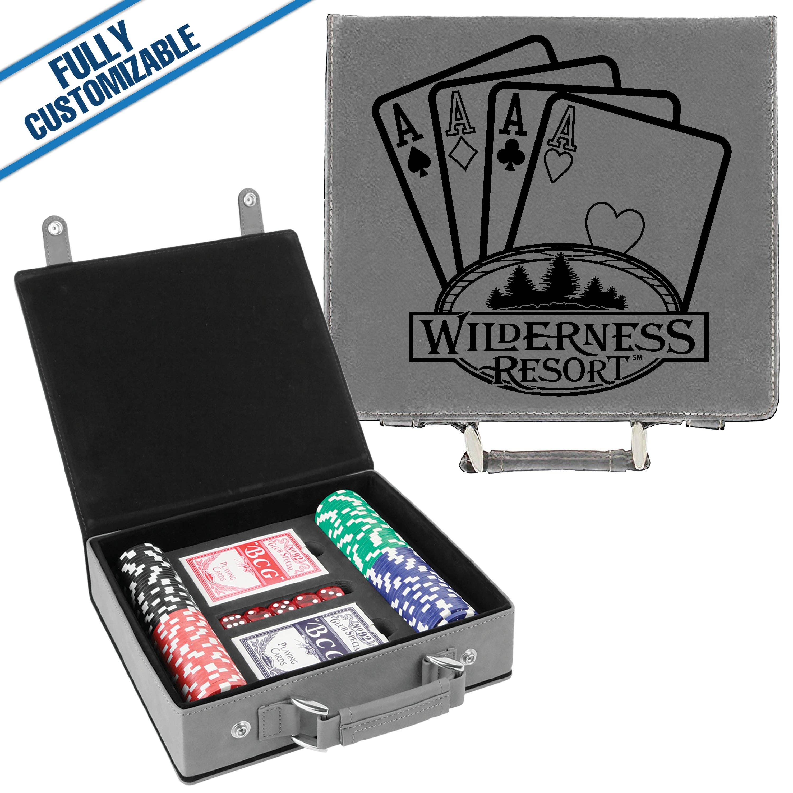 GiftWorksPlus - Wholesale Card Game - 100 Chip Engraved Leatherette Poker Set Fully Customizable1