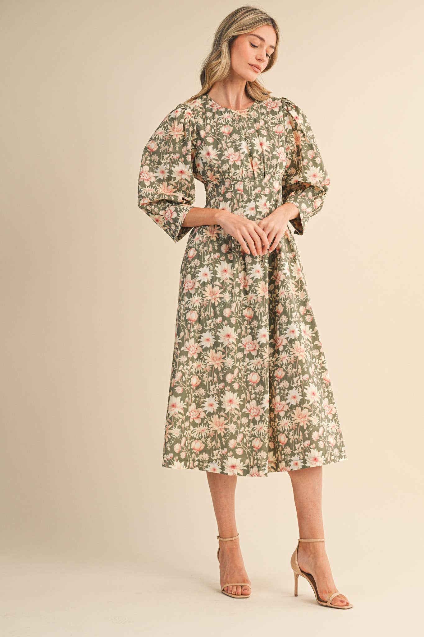 &MERCI - Wholesale Dress - Women's - FLORAL PRINT PLEATED WAIST MIDI DRESS MDR447712