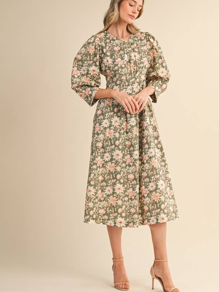 &MERCI - Wholesale Dress - Women's - FLORAL PRINT PLEATED WAIST MIDI DRESS MDR447712