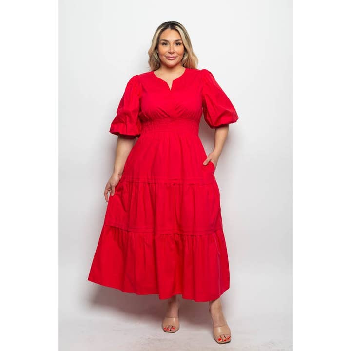 Curve Market - Wholesale Dress - Women's - PLUS SIZE POPLIN V NECK BALLOON SLEEVE WITH POCKETS TIERED M