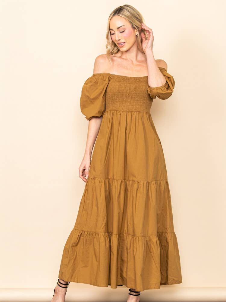 Camel SALE! On Off Shoulder Smocked Chest Tiered Skirt Maxi Dress for wholesale on Faire4