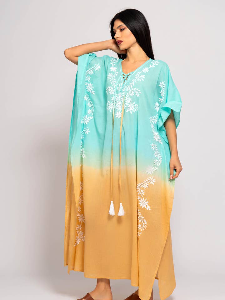 F-179 lange katoenen kaftan met borduursel voor wholesale door FAME GREECE