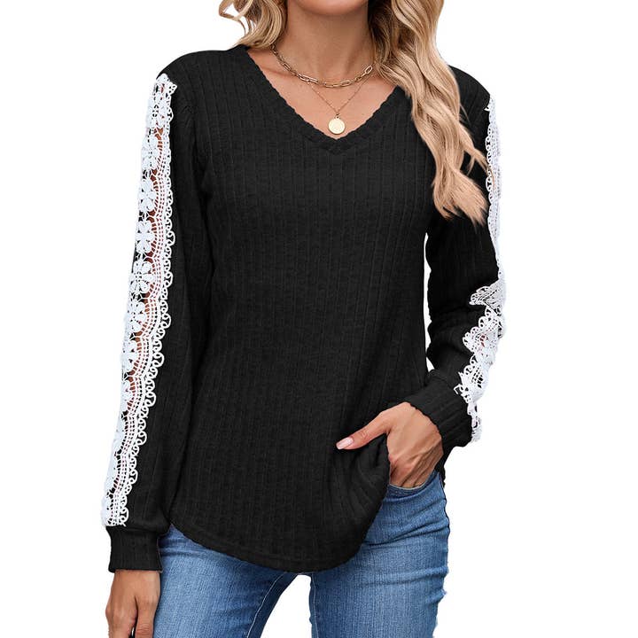 Masyal - Wholesale Tunic – Women’s - Autumn/Winter V-neck Long-sleeved Lace Color-blocked T-shirt2