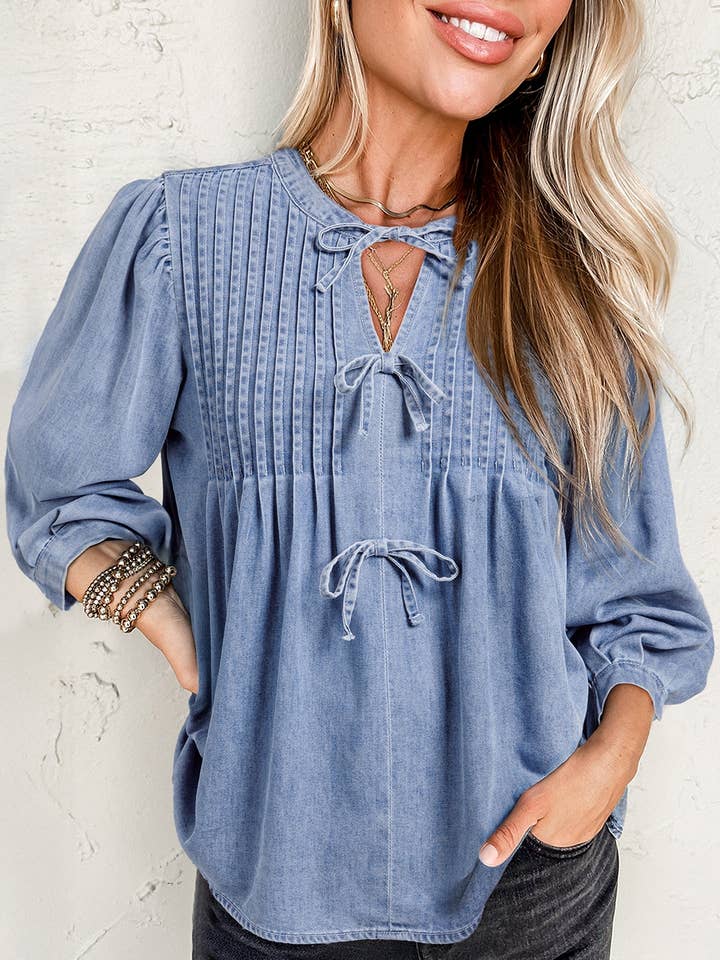 Denim Front Pintuck Bow Tie Puff Sleeve Top for wholesale by Umorger