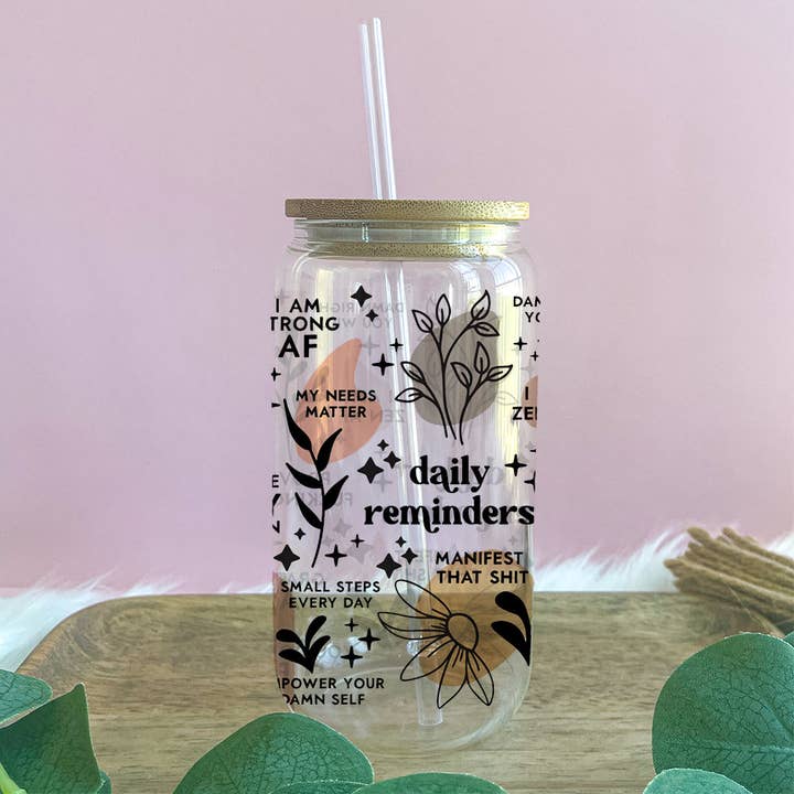 Daily Affirmations Glass Can for wholesale by Cups4Cuties