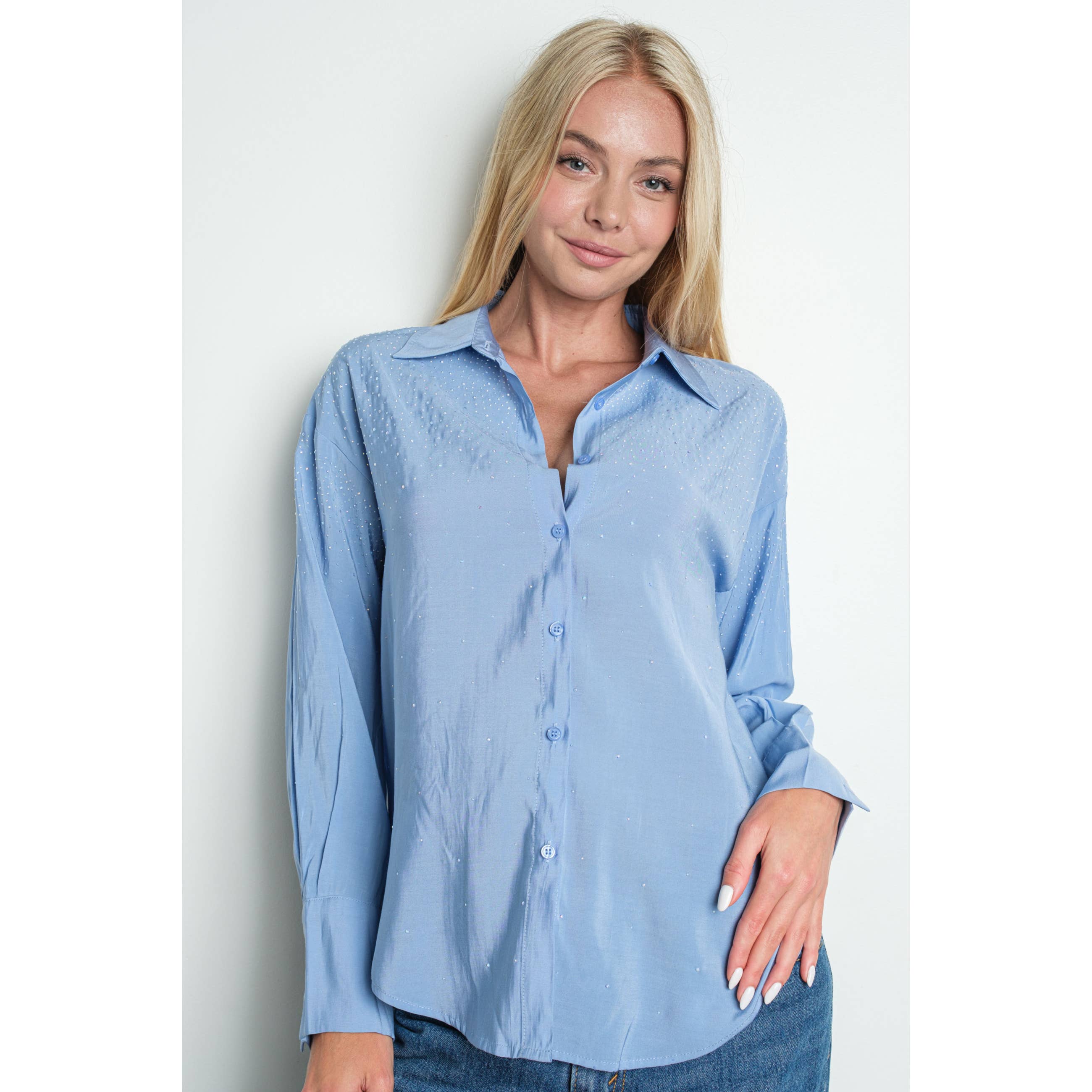 KIWI – wholesale Buttoned-down shirt – Women's – IT3216 Iridescent Rhinestone Embellished Button Up Shirt10