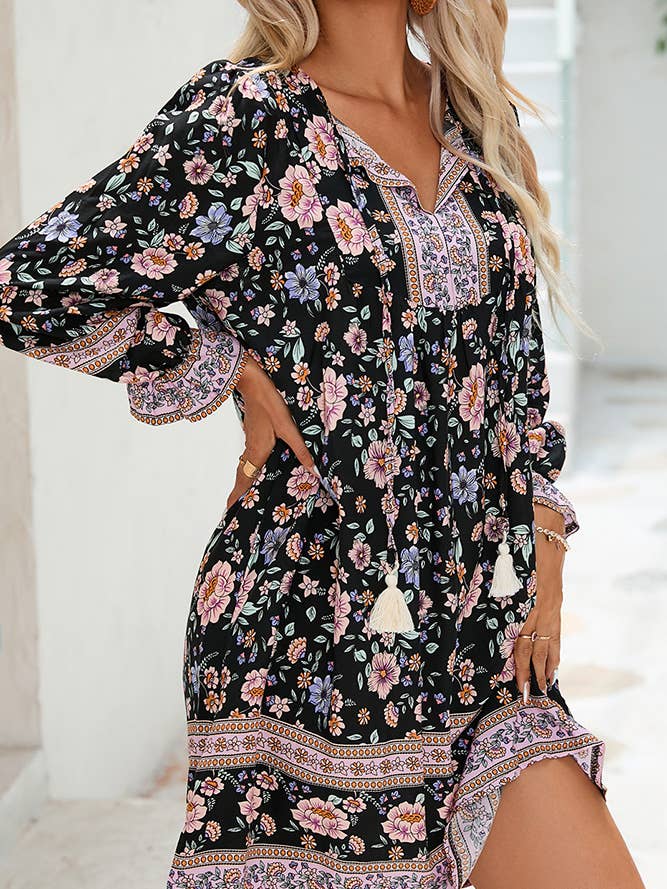 Split V Neck Black Floral Dress ZK467 for wholesale on Faire